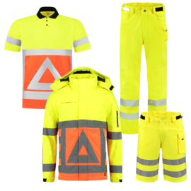ZZP ZOMER pakket VERKEER geel. Poloshirt, korte/lange Werkbroek, Softshell-jas.