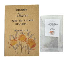 Bloemen bloeien waar ze ruimte krijgen. Mensen ook.  (Goudsbloemen)