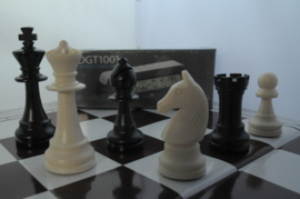 Kunstof schaakbord en stukken met een DGT 1001 schaakklok