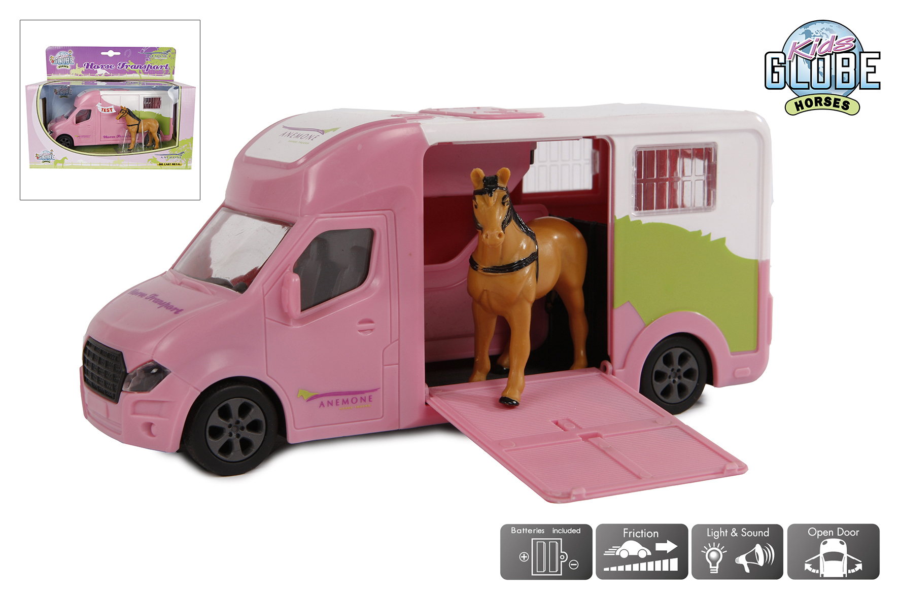 Kids Globe Anemone paardentruck die cast licht geluid roze 20cm
