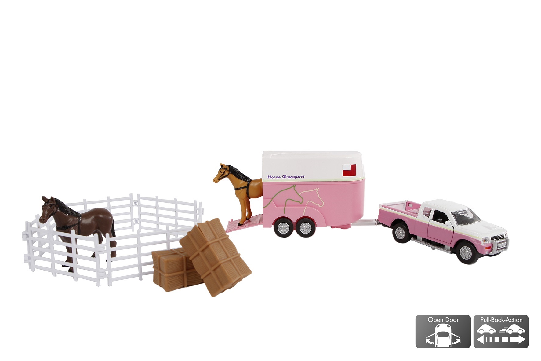 Kids Globe Mitsubishi met paardentrailer en accessoires die cast pull back roze 27cm