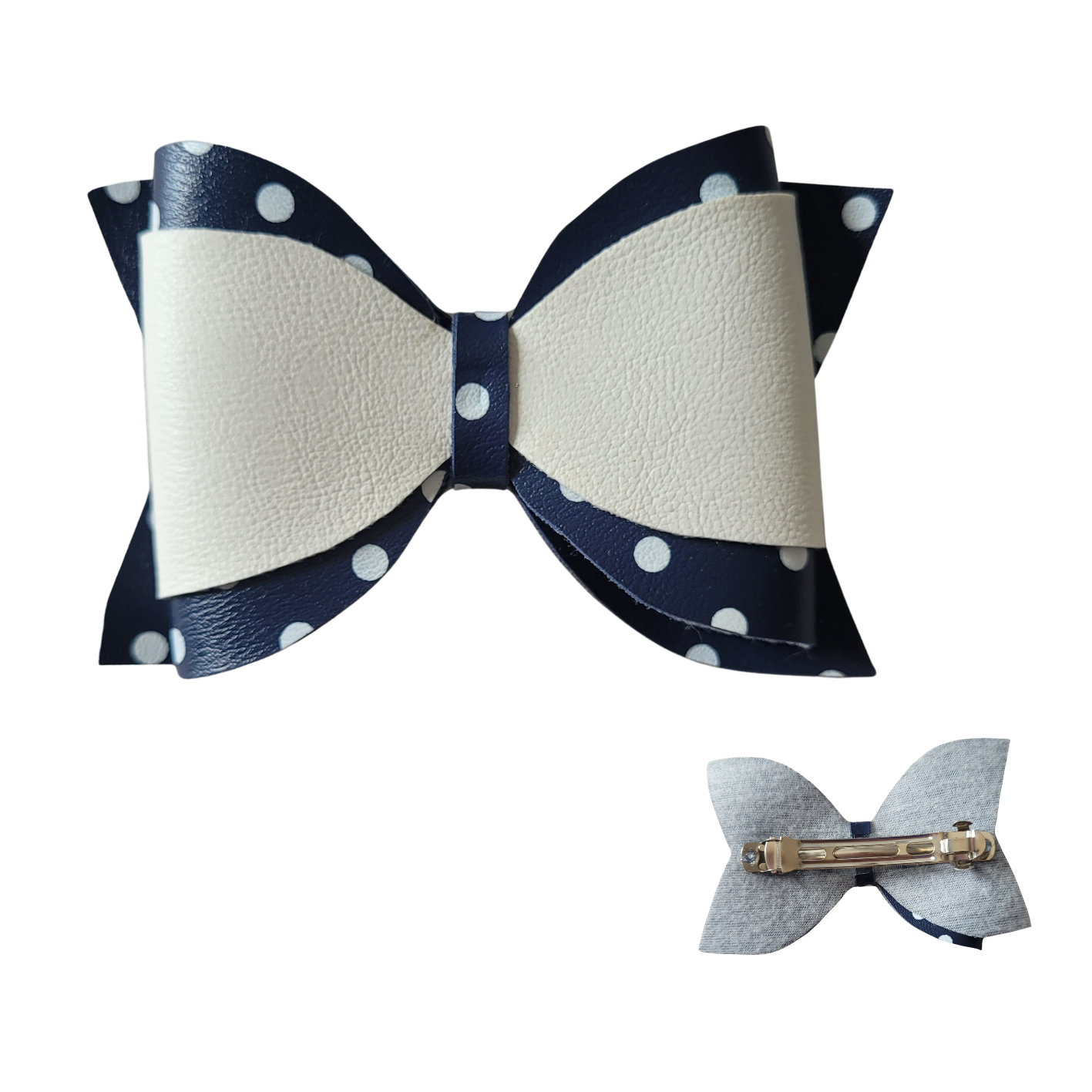 Haarklem met strik wit-donkerblauw stippels