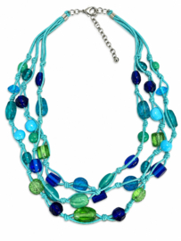 Turquoise blauwe statement ketting glaskralen 50 cm meerlaags