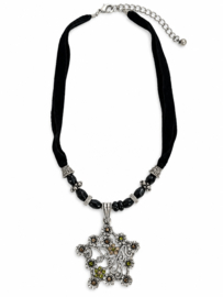 Zwarte fluwelen ketting bloemhanger strass 43 cm nickel free