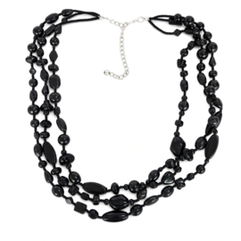 Zwarte 3-rij ketting glaskralen statement ketting 54 cm