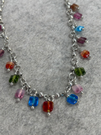 Zilverkleurige ketting met kleurrijke glaskralen 38 cm nickel free