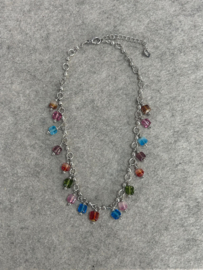 Zilverkleurige ketting met kleurrijke glaskralen 38 cm nickel free