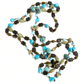 Lange statement ketting turquoise groen brons kralen 186 cm