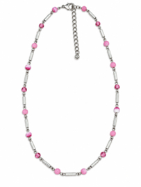 Zilverkleurige ketting roze glaskralen 47 cm nickel free