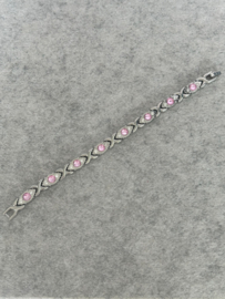Zilverkleurige armband roze strass steentjes 19 cm
