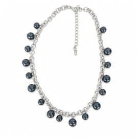Zilverkleurige statement ketting met donkergrijze parels 46 cm