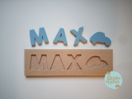 Naampuzzel 0-5 letters. Bijv. 'Max - zacht blauw'