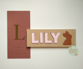 Naampuzzel 0-5 letters. Bijv. 'Lily - zacht roze'