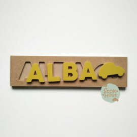 Naampuzzel 0-5 letters. Bijv. 'Alba - retro geel'