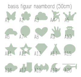 Naambord met figuur en 1-4 letters, bv Goud