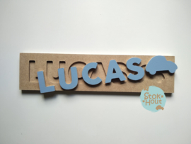 Naampuzzel 0-5 letters. Bijv. 'Lucas - zacht blauw'