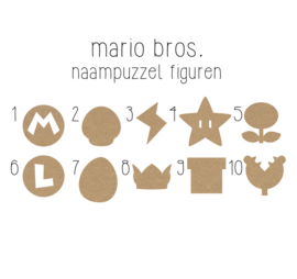 Mario Bros. Naampuzzel 0-5 letters. Bijv. 'Fons - blanco' leuk om zelf te schilderen