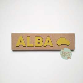 Naampuzzel 0-5 letters. Bijv. 'Alba - retro geel'