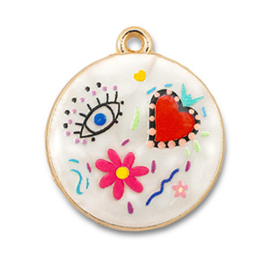 Bedels metaal met enamel rond White-multicolour-gold, 1 stuk