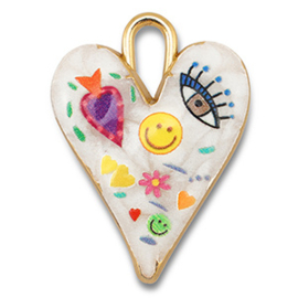 Bedels metaal met enamel hart White-multicolour-gold, 1 stuk