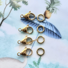 Set Goud, karabijnslot stainless steel 15mm + dichte ring Stainless Steel 8mm, 4 sets