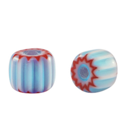 Millefiori kralen tube Light blue-red, per 10 stuks