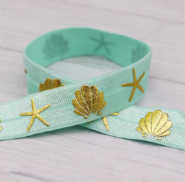 Elastich lint met schelpen Turquoise-gold 10mm, 50cm