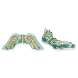 Acryl kralen angel wings Teal blue-gold, 5 stuks