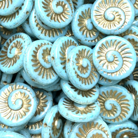 Fossil shell Gold-Light turquoise blue 18mm, 4 stuks