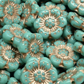 Boho Flower Beads Turquoise-Gold 14mm, 4 stuks