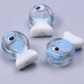 Vis glas kraal 20x13mm Gold-Light blue, per stuk.