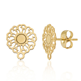 Roestvrij stalen (RVS) Stainless steel onderdelen oorbellen / oorstekers 10mm bloem met oogje Goud, 2 st.