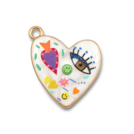 Bedels metaal met enamel hart White-multicolour-gold, 1 stuk