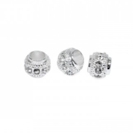 Kraal zilver met strass steentjes 6x7mm, per stuk