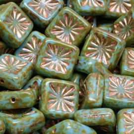 Squared Kiwi Beads 10mm Picasso Blue - Copper, 10 stuks