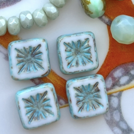 Squared Kiwi Beads 10mm Picasso Turquoise blue, c.a. 11 stuks