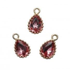 Hanger druppel strass Donker roze/goud (nikkelvrij), 1 stuk