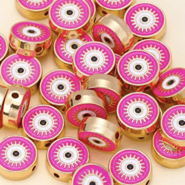 Metaal Evil eye Gold-Neon pink 12mm, 1 stuk