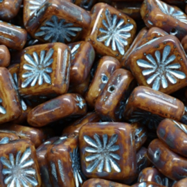 Squared Kiwi Beads 10mm Picasso Brown - Metallic Blue, 10 stuks