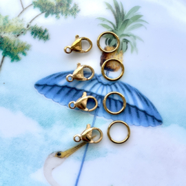 Set Goud, karabijnslot stainless steel 10mm + dichte ring Stainless Steel 8mm, 4 sets