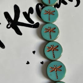 Dragonfly Opaque Turquoise-Mat koper washed 17mm, 4 stuks