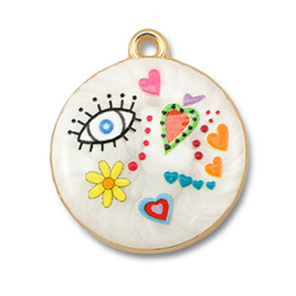 Bedels metaal met enamel rond White-multicolour-gold, 1 stuk