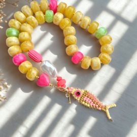 DIY pakket statement ketting Ochre pink-green + optie kralenvisje