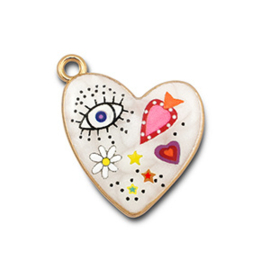 Bedels metaal met enamel hart White-multicolour-gold, 1 stuk