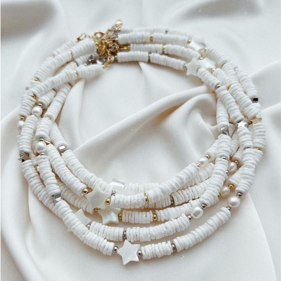 Schelp kralen ster Off white, per 5 stuks
