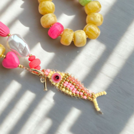 DIY pakket statement ketting Ochre pink-green + optie kralenvisje