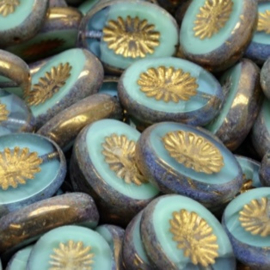 TCB Kiwi Beads Turquoise-Gold 14x10mm, 4 stuks