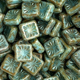 Squared Kiwi beads Picasso Turqoise green, 1 stuk