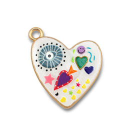 Bedels metaal met enamel hart White-multicolour-gold, 1 stuk