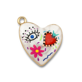 Bedels metaal met enamel hart White-multicolour-gold, 1 stuk